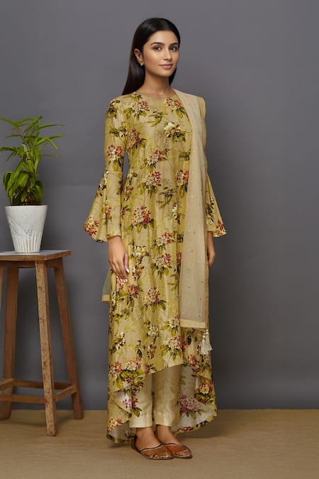 Buy_Aariyana Couture_Gold Bamboo, Net Embroidery, Sequins Round Neck Printed Asymmetric Kurta Set _Online_at_Aza_Fashions