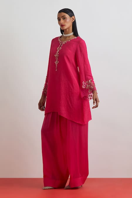 One Not Two_Fuchsia Silk Beads, Crystals, Sequins Floral Hand Embroidered Kurta And Salwar Set _Online_at_Aza_Fashions