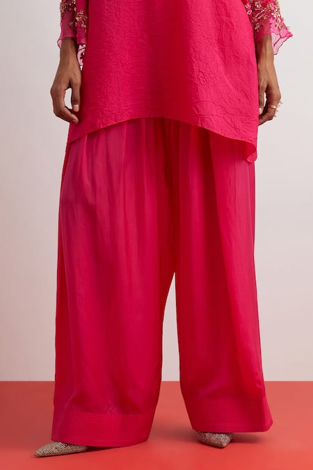 Buy_One Not Two_Fuchsia Silk Beads, Crystals, Sequins Floral Hand Embroidered Kurta And Salwar Set _Online_at_Aza_Fashions