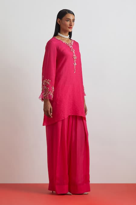Shop_One Not Two_Fuchsia Silk Beads, Crystals, Sequins Floral Hand Embroidered Kurta And Salwar Set _Online_at_Aza_Fashions