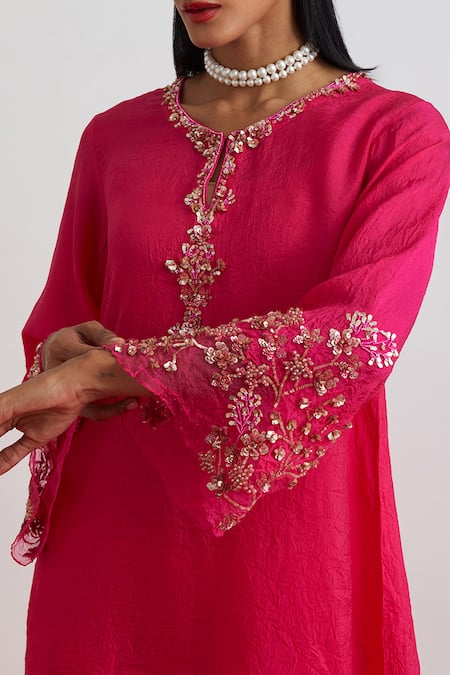 One Not Two_Fuchsia Silk Beads, Crystals, Sequins Floral Hand Embroidered Kurta And Salwar Set _at_Aza_Fashions