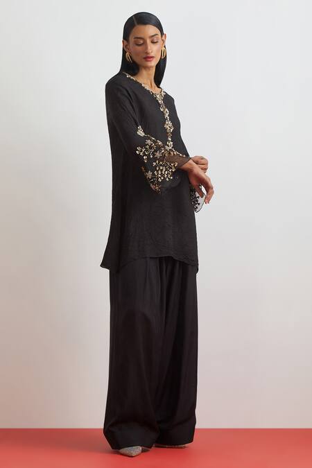 One Not Two_Black Silk Beads, Crystals, Sequins, Embroidery Floral Hand Kurta And Salwar Set _Online_at_Aza_Fashions
