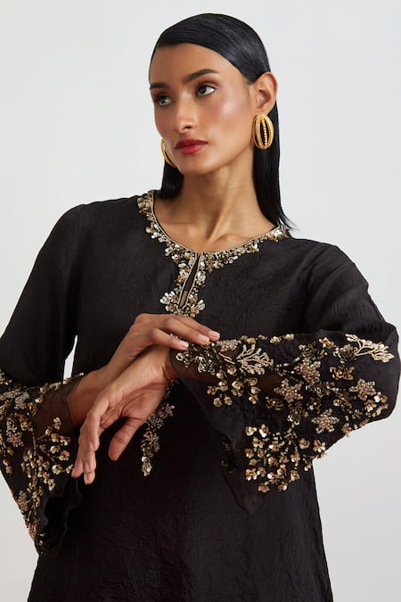 Buy_One Not Two_Black Silk Beads, Crystals, Sequins, Embroidery Floral Hand Kurta And Salwar Set _Online_at_Aza_Fashions