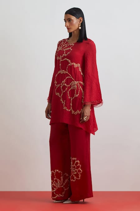 One Not Two Red Silk, Satin Embroidery, Sequins, Beads, Crushed Floral Kurta And Pant Set Online at Aza Fashions One Not Two_Red Silk, Satin Embroidery, Sequins, Beads, Crushed Floral Kurta And Pant Set _Online_at_Aza_Fashions