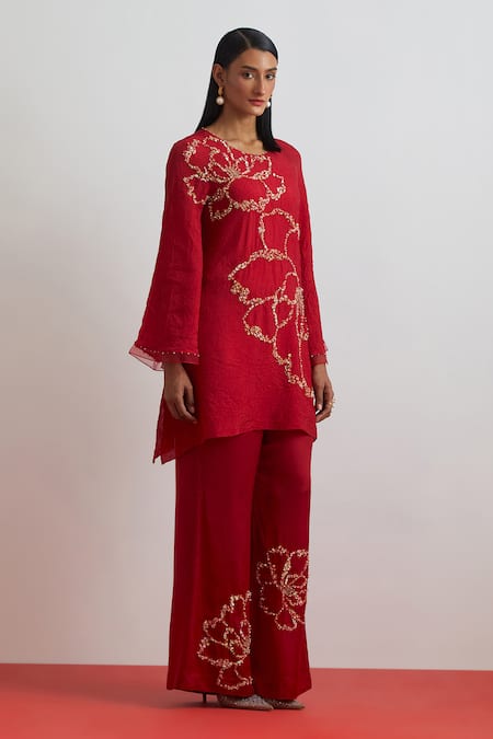 Buy One Not Two Red Silk, Satin Embroidery, Sequins, Beads, Crushed Floral Kurta And Pant Set Online at Aza Fashions Buy_One Not Two_Red Silk, Satin Embroidery, Sequins, Beads, Crushed Floral Kurta And Pant Set _Online_at_Aza_Fashions
