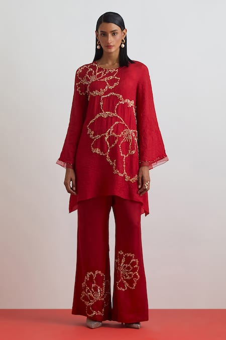 One Not Two Crushed Silk Floral Embroidered Kurta & Pant Set 