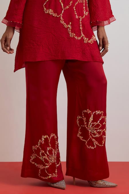 Shop One Not Two Red Silk, Satin Embroidery, Sequins, Beads, Crushed Floral Kurta And Pant Set Online at Aza Fashions Shop_One Not Two_Red Silk, Satin Embroidery, Sequins, Beads, Crushed Floral Kurta And Pant Set _Online_at_Aza_Fashions