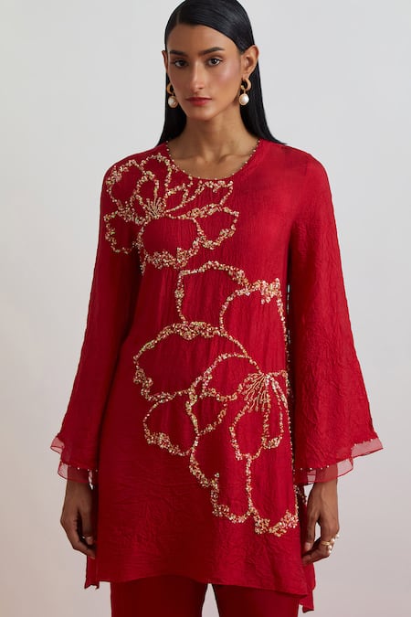 One Not Two Red Silk, Satin Embroidery, Sequins, Beads, Crushed Floral Kurta And Pant Set at Aza Fashions One Not Two_Red Silk, Satin Embroidery, Sequins, Beads, Crushed Floral Kurta And Pant Set _at_Aza_Fashions