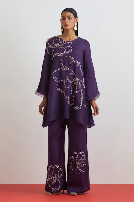 One Not Two_Purple Silk, Satin Embroidery, Sequins, Floral Encrusted Kurta And Bell Bottom Set _Online_at_Aza_Fashions