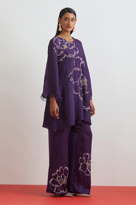 Buy_One Not Two_Purple Silk, Satin Embroidery, Sequins, Floral Encrusted Kurta And Bell Bottom Set _Online_at_Aza_Fashions
