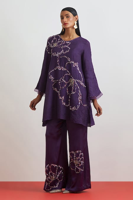 One Not Two Floral Encrusted Kurta & Bell Bottom Set 