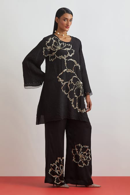 One Not Two Floral Encrusted Kurta & Bell Bottom Pant Set 