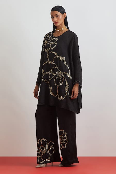 Buy_One Not Two_Black Crinkle, Silk, Satin Floral Encrusted Kurta And Bell Bottom Pant Set _Online_at_Aza_Fashions