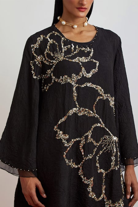 Shop_One Not Two_Black Crinkle, Silk, Satin Floral Encrusted Kurta And Bell Bottom Pant Set _Online_at_Aza_Fashions