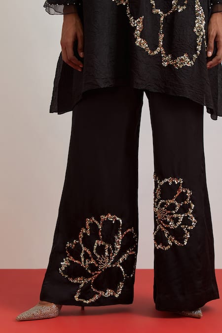 One Not Two_Black Crinkle, Silk, Satin Floral Encrusted Kurta And Bell Bottom Pant Set _at_Aza_Fashions