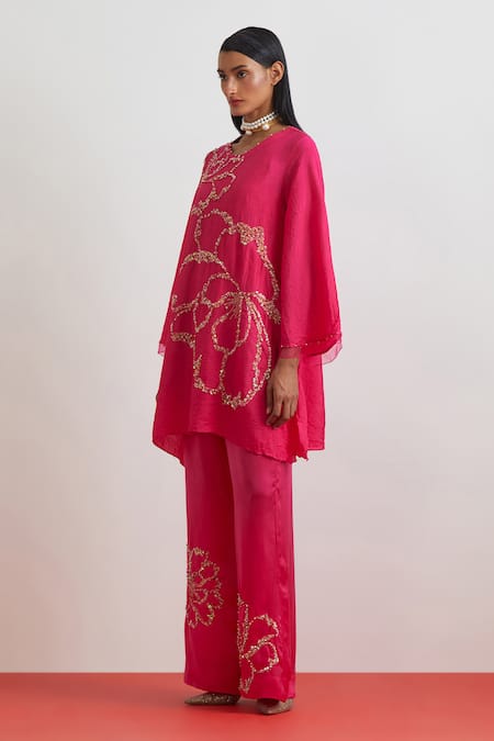 One Not Two_Fuchsia Silk, Satin Embroidery, Sequins, Floral Crushed Kurta And Pant Set _Online_at_Aza_Fashions