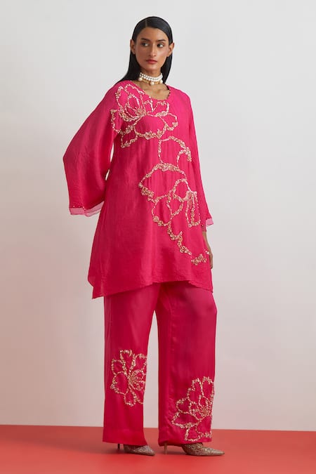 Buy_One Not Two_Fuchsia Silk, Satin Embroidery, Sequins, Floral Crushed Kurta And Pant Set _Online_at_Aza_Fashions