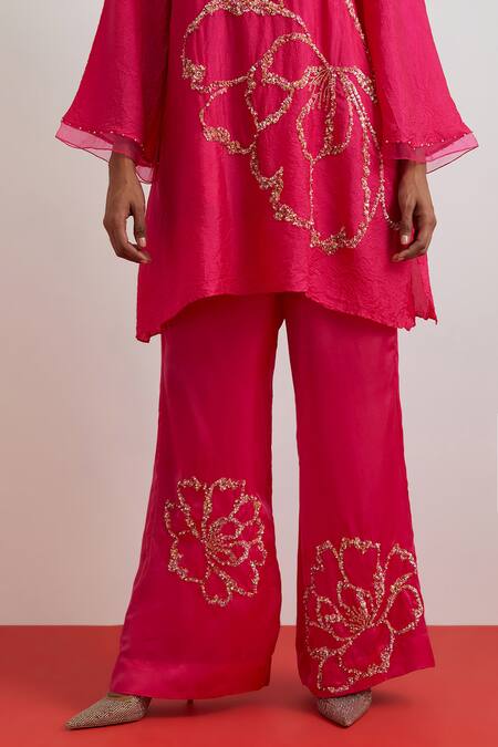 One Not Two_Fuchsia Silk, Satin Embroidery, Sequins, Floral Crushed Kurta And Pant Set _at_Aza_Fashions