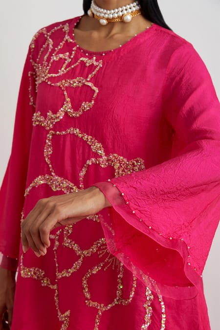 Buy_One Not Two_Fuchsia Silk, Satin Embroidery, Sequins, Floral Crushed Kurta And Pant Set 