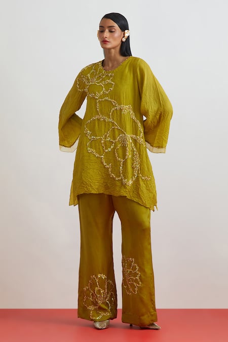 One Not Two Crushed Silk Floral Embroidered Kurta & Bell Bottom 
