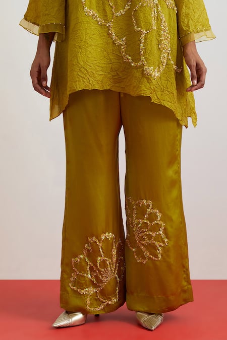 One Not Two_Green Crinkle, Silk, Satin Sequins, Beads, Crushed Floral Kurta And Bell Bottom _Online_at_Aza_Fashions