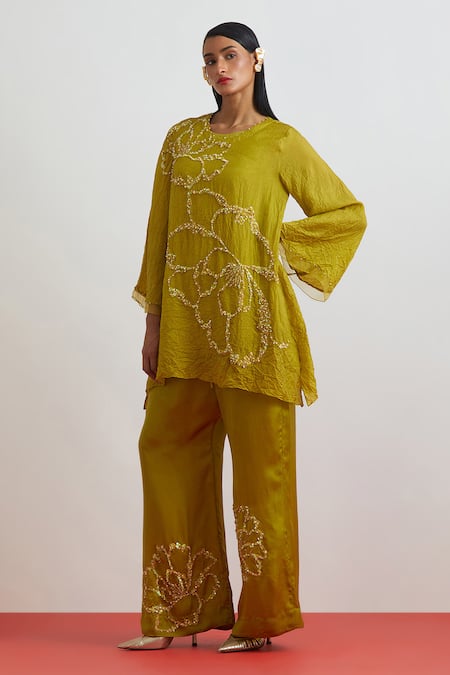 Buy_One Not Two_Green Crinkle, Silk, Satin Sequins, Beads, Crushed Floral Kurta And Bell Bottom _Online_at_Aza_Fashions