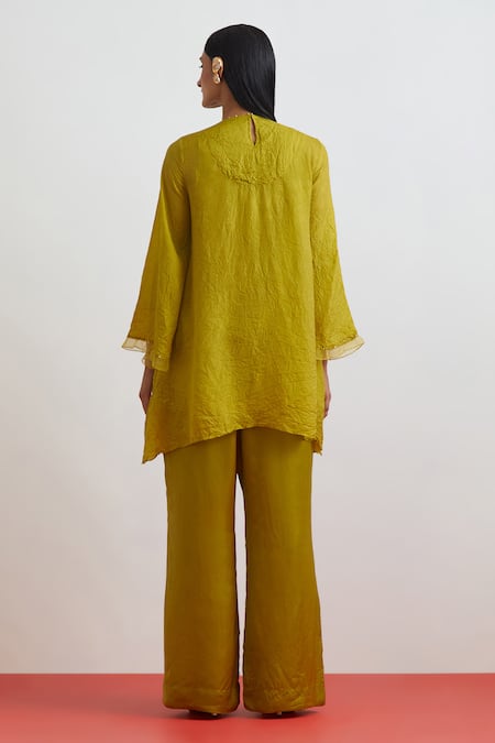 One Not Two Crushed Silk Floral Embroidered Kurta & Bell Bottom 