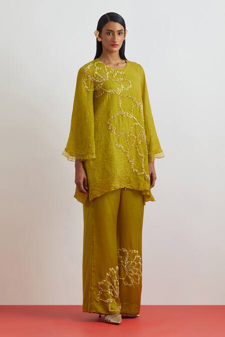 Shop_One Not Two_Green Crinkle, Silk, Satin Sequins, Beads, Crushed Floral Kurta And Bell Bottom _Online_at_Aza_Fashions