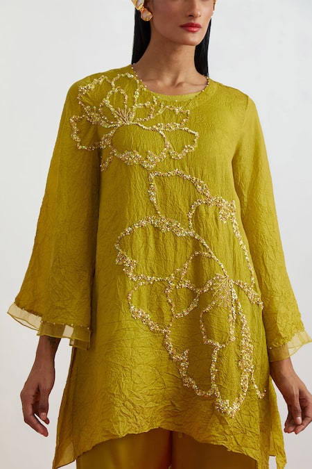 One Not Two_Green Crinkle, Silk, Satin Sequins, Beads, Crushed Floral Kurta And Bell Bottom _at_Aza_Fashions