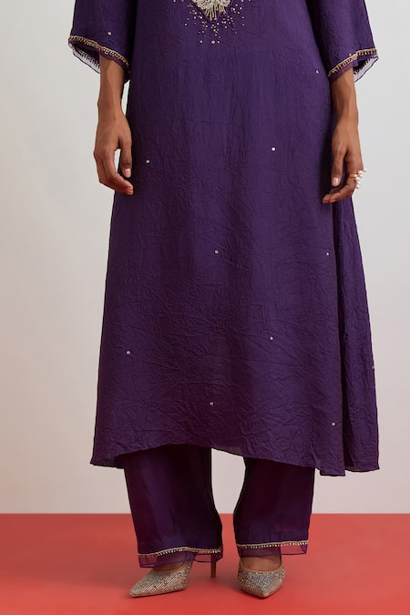 One Not Two_Purple Crinkle, Silk Embroidery, Sequins, Beads, Crushed Floral Kurta Set _Online_at_Aza_Fashions