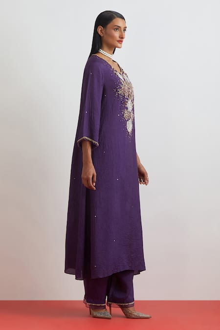 Buy_One Not Two_Purple Crinkle, Silk Embroidery, Sequins, Beads, Crushed Floral Kurta Set _Online_at_Aza_Fashions