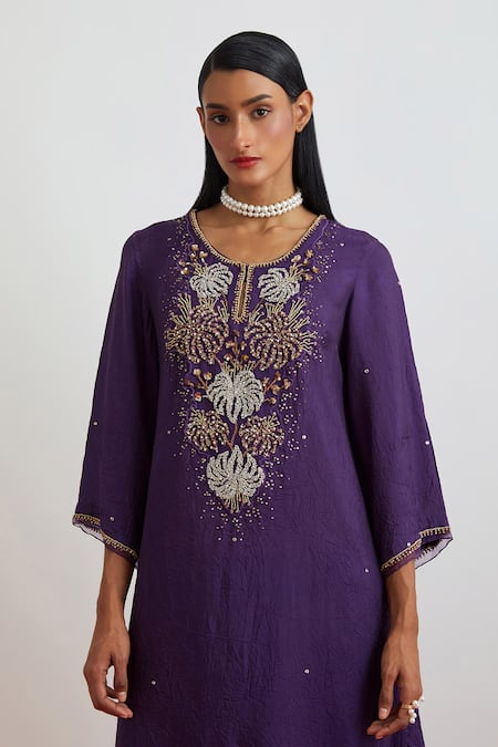 Shop_One Not Two_Purple Crinkle, Silk Embroidery, Sequins, Beads, Crushed Floral Kurta Set _Online_at_Aza_Fashions