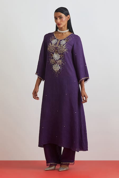 One Not Two_Purple Crinkle, Silk Embroidery, Sequins, Beads, Crushed Floral Kurta Set _at_Aza_Fashions