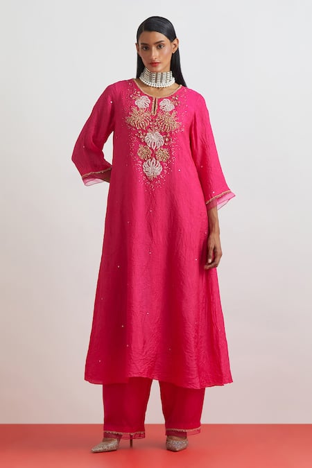 One Not Two Crushed Silk Floral Embroidered Kurta Set 