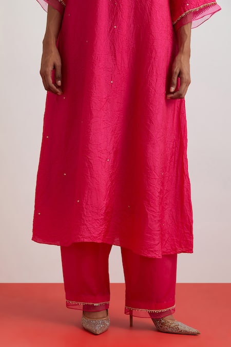One Not Two_Fuchsia Crinkle, Silk Embroidery, Sequins, Beads, Crushed Floral Kurta Set _Online_at_Aza_Fashions