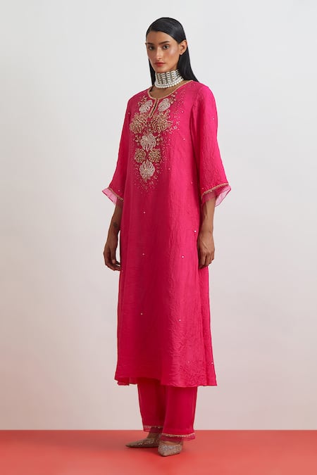 One Not Two Crushed Silk Floral Embroidered Kurta Set 