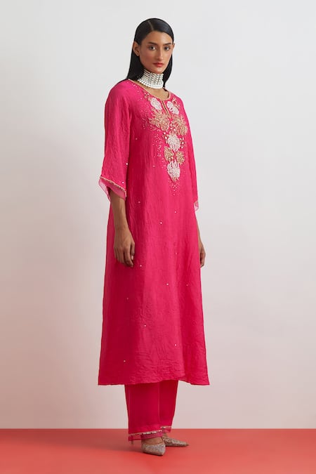 Buy_One Not Two_Fuchsia Crinkle, Silk Embroidery, Sequins, Beads, Crushed Floral Kurta Set _Online_at_Aza_Fashions