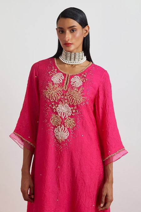 Shop_One Not Two_Fuchsia Crinkle, Silk Embroidery, Sequins, Beads, Crushed Floral Kurta Set _Online_at_Aza_Fashions