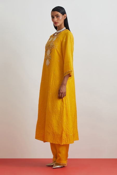 One Not Two_Yellow Silk Embroidery, Sequins, Beads, Crystals Crushed Floral Kurta Set _Online_at_Aza_Fashions