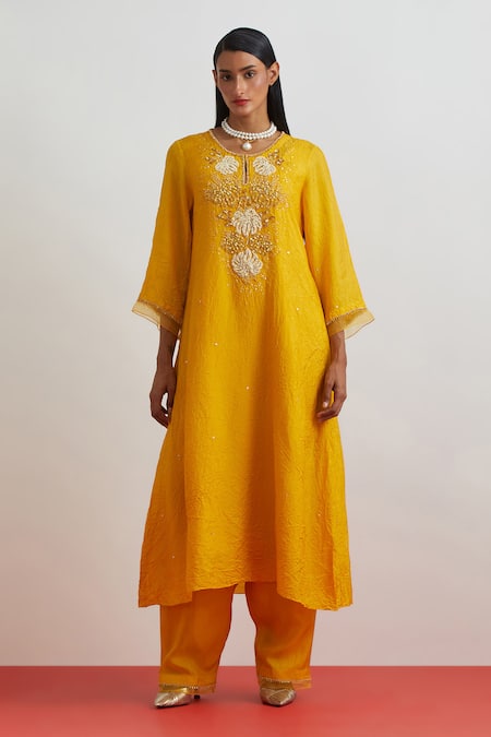 One Not Two Crushed Silk Floral Embroidered Kurta Set 