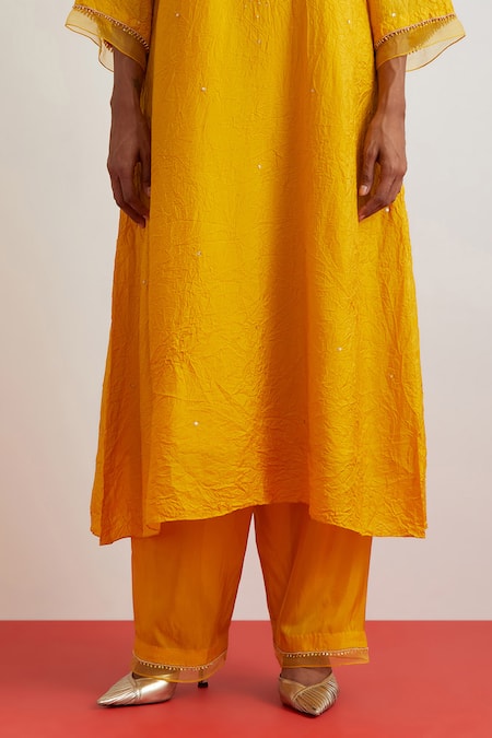 Shop_One Not Two_Yellow Silk Embroidery, Sequins, Beads, Crystals Crushed Floral Kurta Set _Online_at_Aza_Fashions