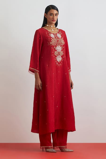One Not Two_Red Crinkle, Silk Embroidery, Sequins, Beads, Crushed Floral Kurta Set _Online_at_Aza_Fashions
