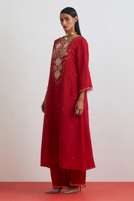 Buy_One Not Two_Red Crinkle, Silk Embroidery, Sequins, Beads, Crushed Floral Kurta Set _Online_at_Aza_Fashions