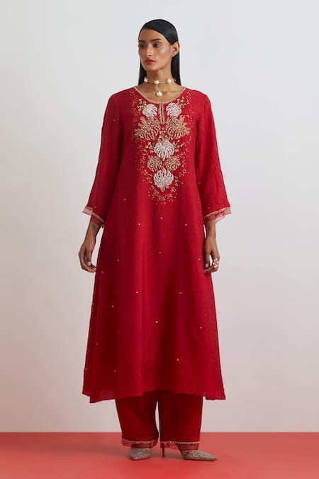 One Not Two Crushed Silk Floral Embroidered Kurta Set 