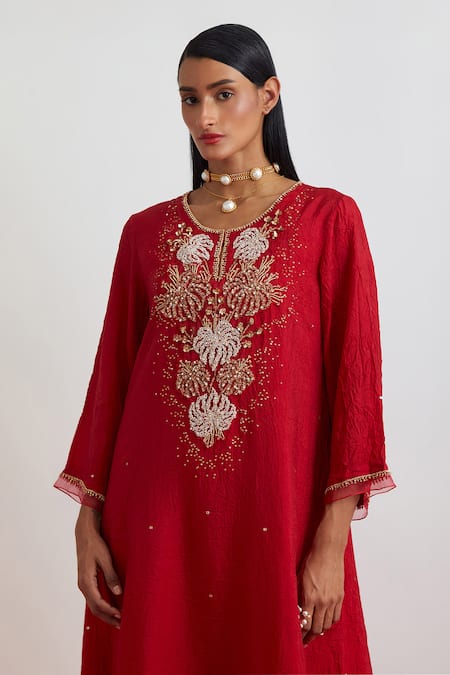 Shop_One Not Two_Red Crinkle, Silk Embroidery, Sequins, Beads, Crushed Floral Kurta Set _Online_at_Aza_Fashions