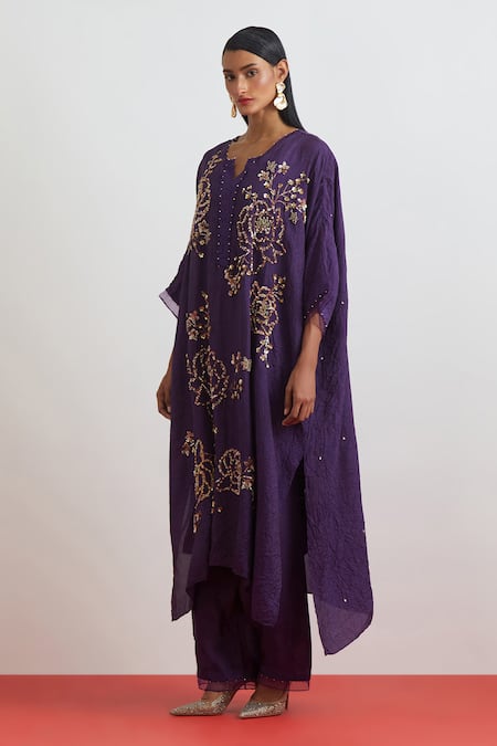 One Not Two_Purple Silk Embroidery, Sequins, Beads, Crystals Crushed Kaftan And Pant Set _Online_at_Aza_Fashions