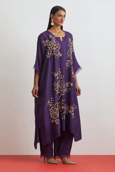 Buy_One Not Two_Purple Silk Embroidery, Sequins, Beads, Crystals Crushed Kaftan And Pant Set _Online_at_Aza_Fashions