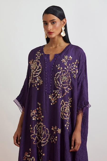 Shop_One Not Two_Purple Silk Embroidery, Sequins, Beads, Crystals Crushed Kaftan And Pant Set _Online_at_Aza_Fashions