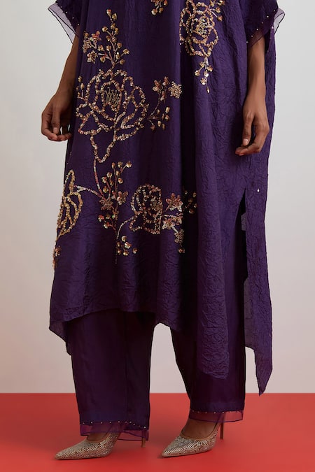 One Not Two_Purple Silk Embroidery, Sequins, Beads, Crystals Crushed Kaftan And Pant Set _at_Aza_Fashions