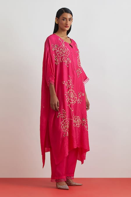 Buy_One Not Two_Pink Silk Sequins, Beads, Crystals Split Crushed Embroidered Roses Kaftan Set _Online_at_Aza_Fashions